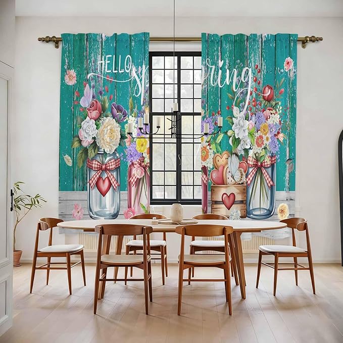 Spring Flowers Kitchen Curtains, Farmhouse Watercolor Teal Wood Grain Light Filtering Window Curtain Panels, 2Pcs Rod Pocket Window Treatments Set for Living Room Bathroom Bedroom 52x72 Inches