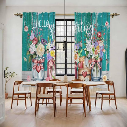 Spring Flowers Kitchen Curtains, Farmhouse Watercolor Teal Wood Grain Light Filtering Window Curtain Panels, 2Pcs Rod Pocket Window Treatments Set for Living Room Bathroom Bedroom 52x72 Inches