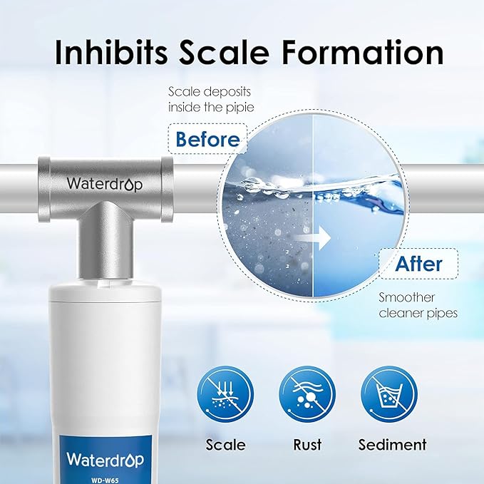 Waterdrop AP431 AP430SS Whole House Scale Inhibitor Filter, Heater Softener System, Prevent Scale Build Up On Hot Water Heaters, Pipes and Boilers