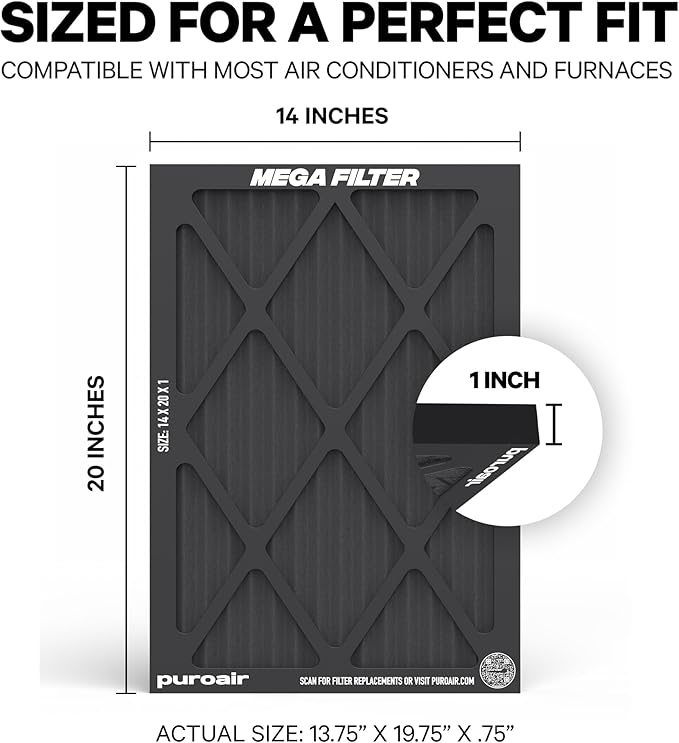 PuroAir MegaFilter - 14x20x1 Air Filter MERV 13 Activated CarbonTech Defense - Heavy Duty 3 Layer Furnace Filters Allergens, Pollen, Dust, Pet Dander, Smoke, Odors - HVAC Air Filter 14x20x1 (1-Pack)