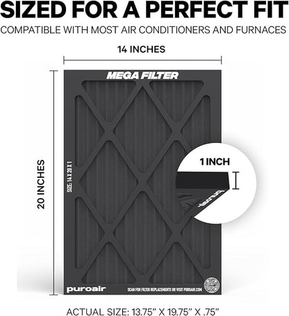 PuroAir MegaFilter - 14x20x1 Air Filter MERV 13 Activated CarbonTech Defense - Heavy Duty 3 Layer Furnace Filters Allergens, Pollen, Dust, Pet Dander, Smoke, Odors - HVAC Air Filter 14x20x1 (4-Pack)