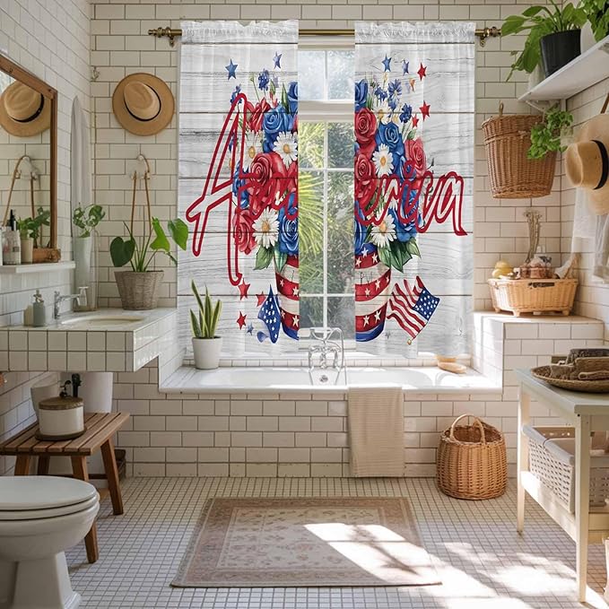 Independence Day Window Curtains 63 Inch Long 2 Panel Set, Rod Pocket Bedroom Curtains & Drapes, 4 of July Rose Wooden Grain Vintage Light Filtering Window Treatment for Living Room 42"W x 63"L