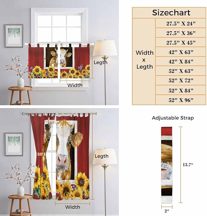 Cows Sunflowers Bathroom Curtains 63 Inch Length, Window Curtains Tab Top, Spring Floral Bees Farmhouse Barn Light Filtering Window Treatments Drapes 52"x63" 2 Panel