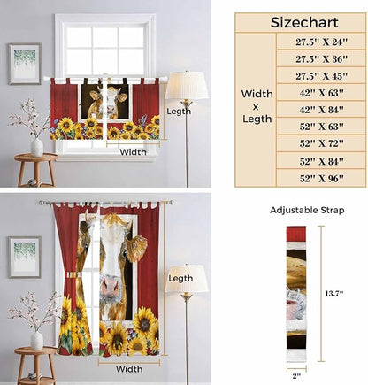 Cows Sunflowers Living Room Curtains 84 Inch Length, Window Curtains Tab Top, Spring Floral Bees Farmhouse Barn Light Filtering Window Treatments Drapes 52"x84" 2 Panel