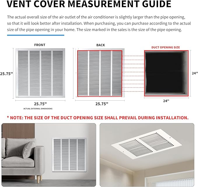 24x24 Vent Cover(Duct Opening Size),Air Return Vent Cover,Flat Vent Cover,Rejillas De Aire Acondicionado para Casa,Return Air Grilles,Outer Dimensions:25.75"Wx25.75"H(24"W x 24"H, Duct Opening)