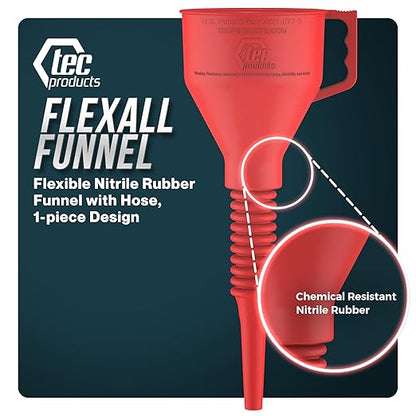 TEC Products FlexAll Long Flexible Funnels - Automotive Oil Funnel with Hose, Durable Nitrile Rubber for Oil Change, Transmission Funnel Fluid, Diesel, Fuel, Gas - Made in USA - Red (12 x 4 Inches)