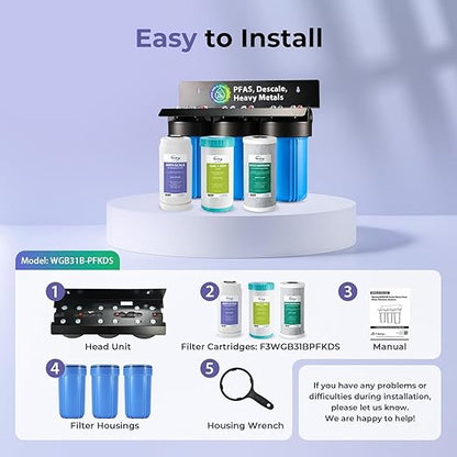 iSpring 3-Stage Whole House Water Filter System, SGS-Tested to Remove Up to 99% PFAS, Reduces Scale, Heavy Metals, Corrosion, Lead, Chlorine, 10” x 4.5” Filters, 1” NPT Ports, Model: WGB31B-PFKDS