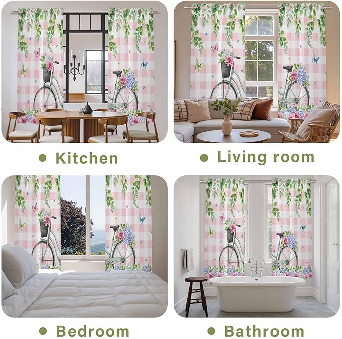 Spring Kitchen Curtains, Bicycles Leaves Butterfly Flowers Pink Buffalo Plaid Light Filtering Window Curtain Panels, 2Pcs Rod Pocket Window Treatments Set for Living Room Bathroom Bedroom 52x72 Inches