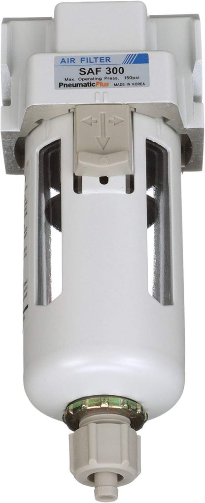 PneumaticPlus SAF300-N03B Compressed Air Particulate Filter 3/8" NPT, 10 Micron, Poly Bowl, Manual Drain, Bracket