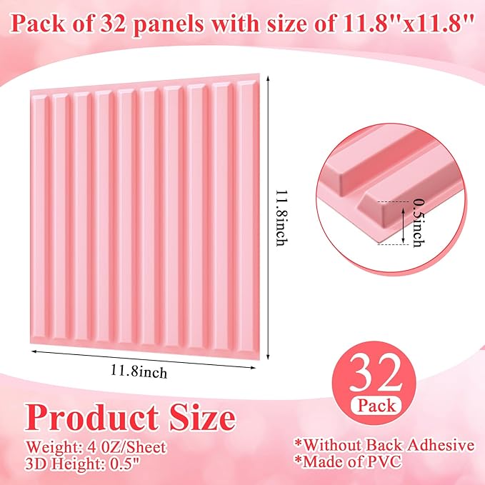 Nuanchu 32 Pcs 3D Slat Wall Panels 12 x 12 Inch PVC Fluted Textured Panel Cuttable Paintable DIY Wall Art Decorative Tiles for Ceiling Studio Bathroom Interior TV Background (Pink)