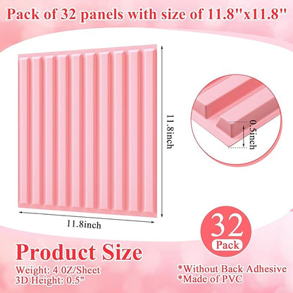 Nuanchu 32 Pcs 3D Slat Wall Panels 12 x 12 Inch PVC Fluted Textured Panel Cuttable Paintable DIY Wall Art Decorative Tiles for Ceiling Studio Bathroom Interior TV Background (Pink)
