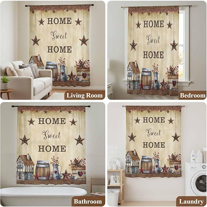 Farm Sheer Curtains 96 Inch Length American Country Barn Star Vintage Berry Brown Chiffon Curtain for Bedroom Living Room Light Filtering Rod Pocket Window Treatments Voile Curtains Drapes for Dining