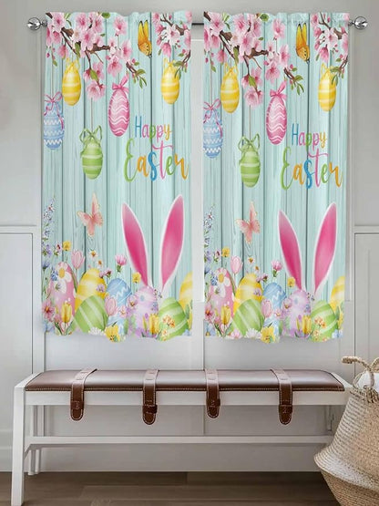 Happy Easter Living Room Curtains 72 Inches length, Spring Bunny Eggs Flower Teal Wood Grain Window Treatment Curtain Drapes, Light Filtering Drapes for Bedroom Laundry Room, 52"x72", 2 Panels