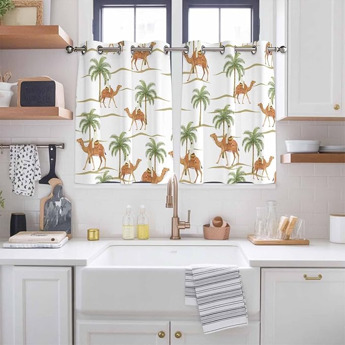 2 Panel Kitchen Cafe Curtains, Desert Camels Sunlight Filtering Nature Air Through, Home Decor Window Covering Tier Curtains for Bedroom Living Room 104W x 52L inch Tropical Date Palm Trees Animal
