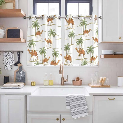2 Panel Kitchen Cafe Curtains, Desert Camels Sunlight Filtering Nature Air Through, Home Decor Window Covering Tier Curtains for Bedroom Living Room 104W x 52L inch Tropical Date Palm Trees Animal