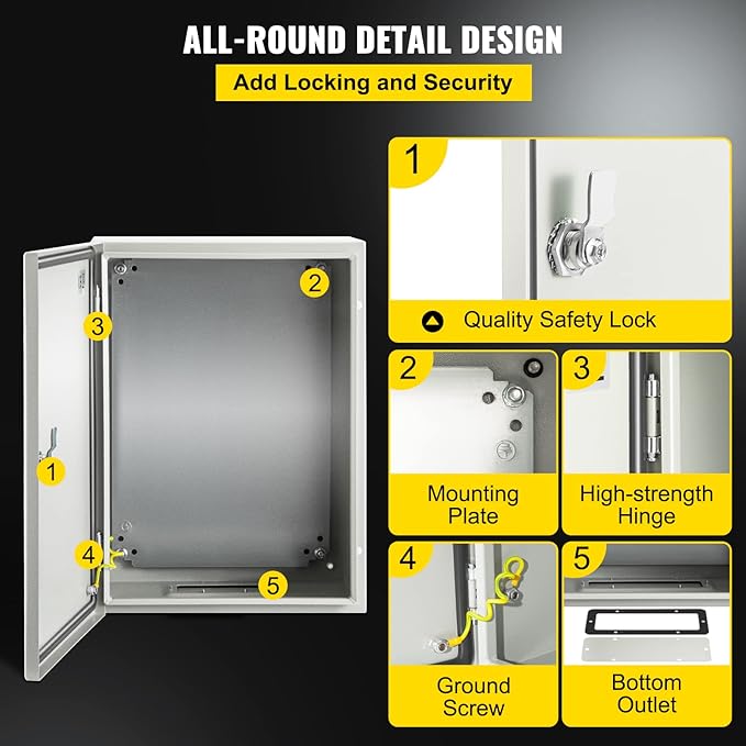 VEVOR NEMA Steel Enclosure, 16 x 12 x 8'' NEMA 4X Steel Electrical Box, IP66 Waterproof & Dustproof, Outdoor/Indoor Electrical Junction Box, with Mounting Plate