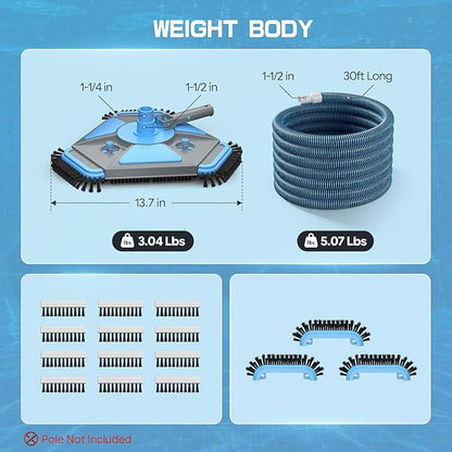 UIRWAY Upgrade Pool Vacuum Head with Side Brush & 360° Swivel Cuff, 1-1/2" x 30 Ft Heavy Duty Manual Kink-Resistant Vacuum Hoses, Weighted Triangular Shape for Inground & Above Ground Pool(No Pole)