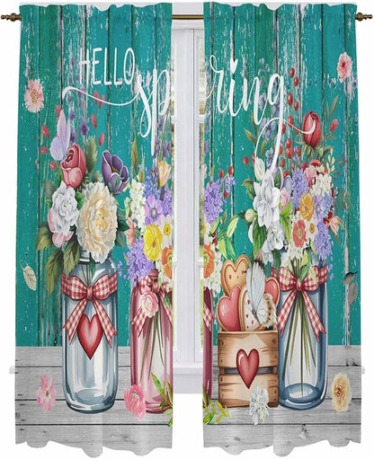 Spring Flowers Kitchen Curtains, Farmhouse Watercolor Teal Wood Grain Light Filtering Window Curtain Panels, 2Pcs Rod Pocket Window Treatments Set for Living Room Bathroom Bedroom 52x72 Inches