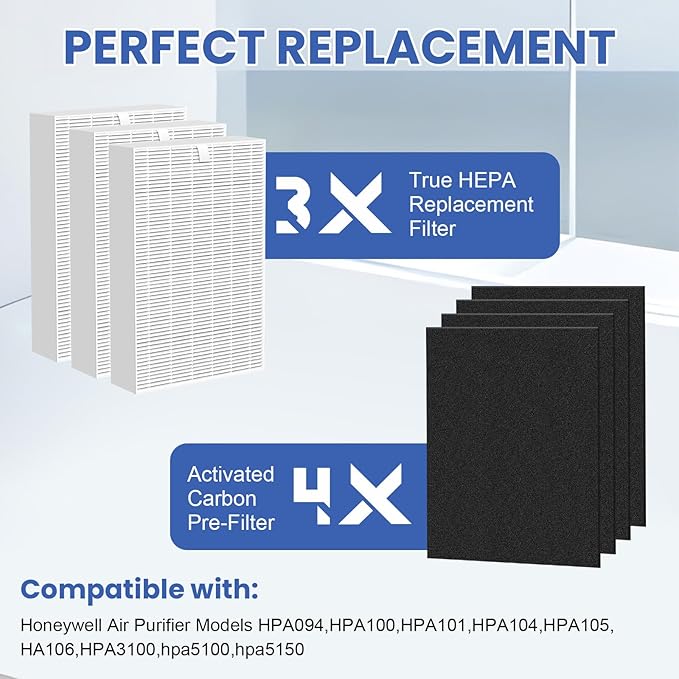 HPA100 HEPA Filter Replacement Compatible with Honeywell Air Purifier HPA Series, Compatible with HPA094, HPA104, HPA105, HPA3100, HPA5100, 3 HEPA Filters and 4 Carbon Pre-Filters