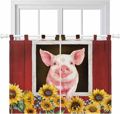 Pigs Sunflowers Kitchen Curtains 45 Inch Length, Short Cafe Window Curtains Tab Top, Farmhouse Red Barn Flowers Animals Light Filtering Window Treatments Tier Drapes 27.5"x45" 2 Panel
