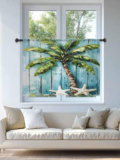 Sheer Curtains 45 Inch Length, Coastal Beach Starfish Semi Sheer Curtains Light Filtering Window Treatment, Blue Green Tropical Palm Tree Wood Grain Privacy Voile Drapes for Living Room 52x45 Inch