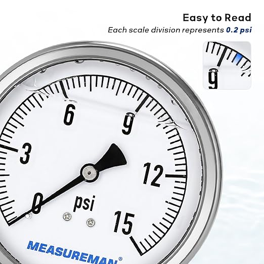 MEASUREMAN Glycerin Filled Plumbing Pressure Gauge 0-15psi Stainless Steel Case, 4" Dial 1/4" NPT Brass Lower Mount, Suitable for Water Systems, Pneumatic Equipment, RVs, Home Plumbing