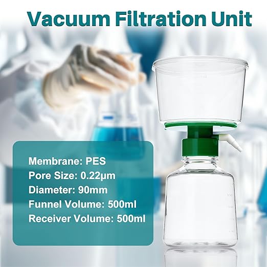 500ml Vacuum Filtration System, Disposable Sterile Vacuum Filter Units with PES Membrane, 0.22μm Pore Size, 90mm Diameter for Laboratory, Chemistry, Graduated, Individually Wrapped, 1/Case