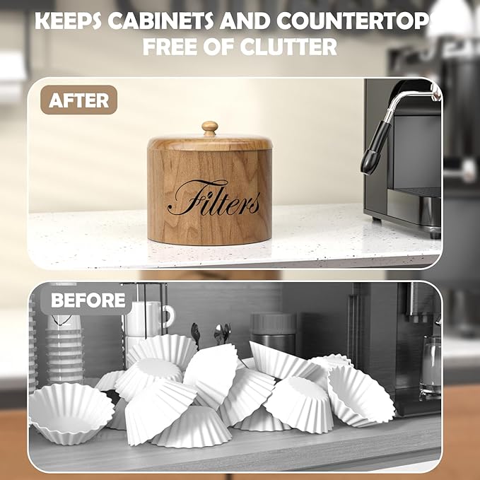 Coffee Filter Holder, Wooden Coffee Filter Storage with Lid, RoundCoffeeFilterContainer for Counter, Rustic Bar Accessories Holder Decor (Natural)