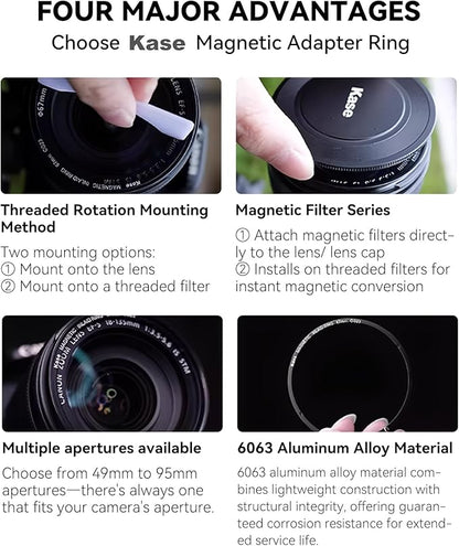 Kase 95mm Magnetic Adapter Ring, Aviation Aluminum 0.5s Snap-On Frame for CPL/ND/UV Filters, No Light Leak & Vignette, Ultra-Thin Stackable for DSLR Mirrorless Wide-Angle Vlog