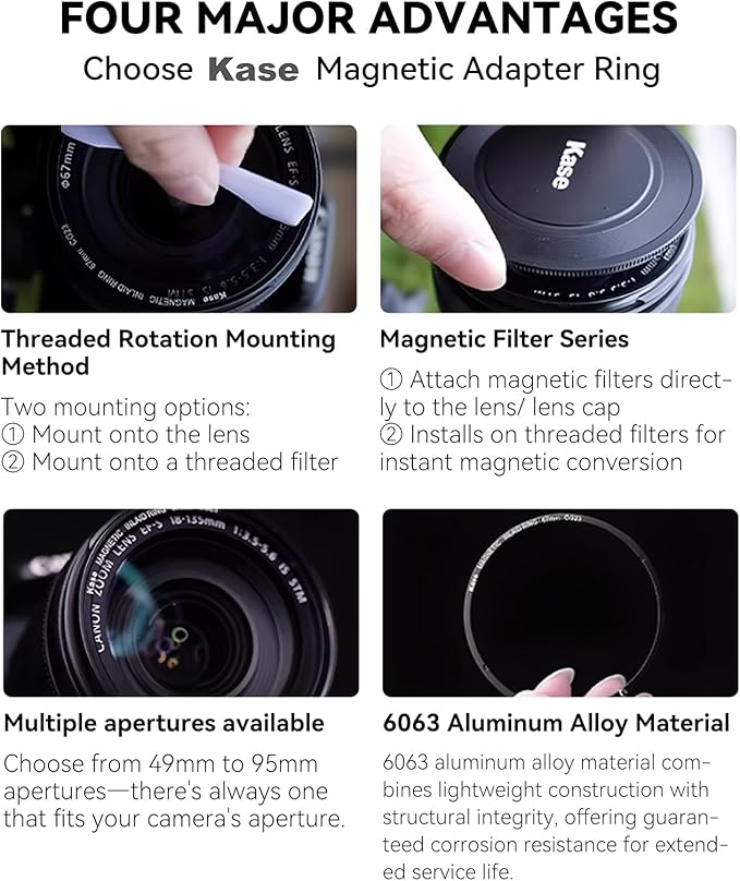 Kase 77mm Magnetic Adapter Ring, Aviation Aluminum 0.5s Snap-On Frame for CPL/ND/UV Filters, No Light Leak & Vignette, Ultra-Thin Stackable for DSLR Mirrorless Wide-Angle Vlog