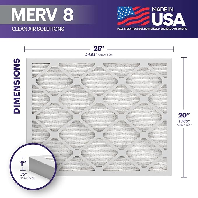 BNX TruFilter 20x25x1 Air Filter MERV 8 (4 Pack) - MADE IN USA – Dust & Pet Defense Electrostatic Pleated Air Conditioner HVAC AC Furnace Filters for Dust, Pet, Mold, Pollen MPR 600 – 700 & FPR 5