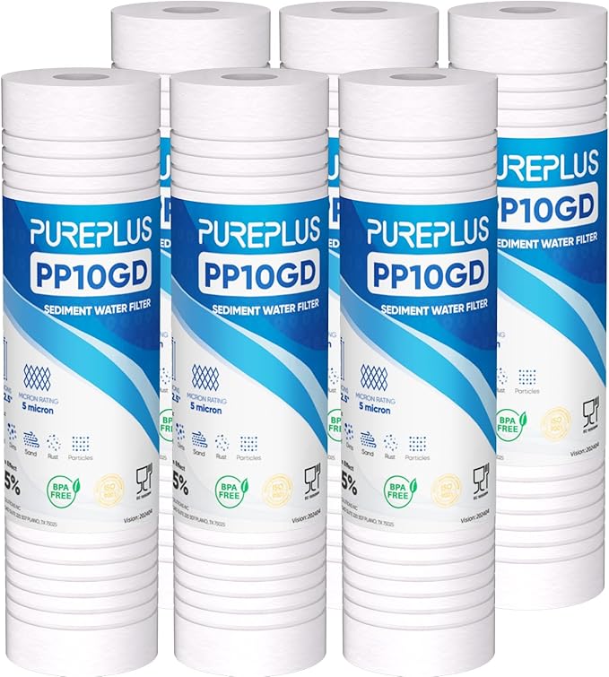 PUREPLUS 5 Micron 10" x 2.5" Whole House Grooved Sediment Home Water Filter, Replacement Cartridge for Any 10 inch RO Unit, AO-WH-PREV-R2, AP110, WHKF-G05, AB-SGR5M, GXWH20S, WFPFC5002, CFS10, 6Pack