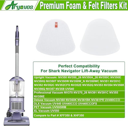 4 Foam & Felt Filters Replacement for Shark Navigator Lift-Away Vacuum ZU503AMZ, NV350, NV351, NV352, NV355, NV356E, NV357, NV360, UV440, UV490, UV500, UV540, UV550, Part XFF350 XHF350