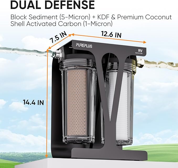 PUREPLUS RV Dual Stage Water Filter System with Grooved Sediment and KDF/Carbon Cartridges, Stainless Steel 3/4" Fittings, Reduces Sediment, Heavy Metals, Chlorine, Odors and More