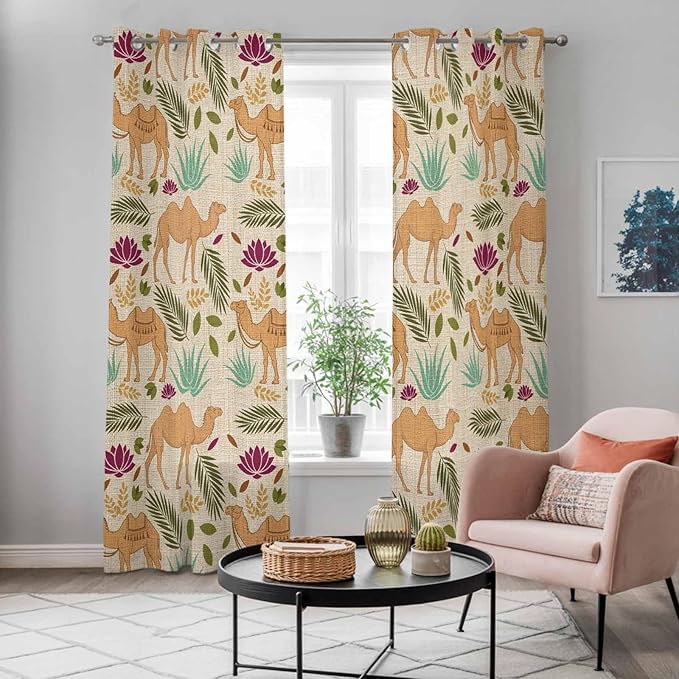 2 Panel Kitchen Cafe Curtains, Desert Camels Sunlight Filtering Nature Air Through, Home Decor Window Covering Tier Curtains for Living Room 104W x 90L inch Vintage Sand Animals Aloe Vera Leaves Beige