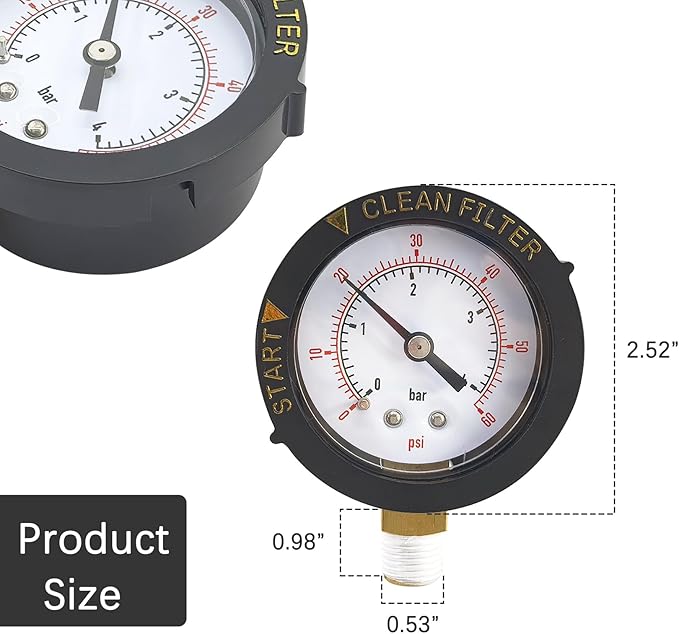190058 Pressure Gauge 0-60 PSI with 1/4” NPT Bottom Mount Replacement for Pool and Spa Valve Filter