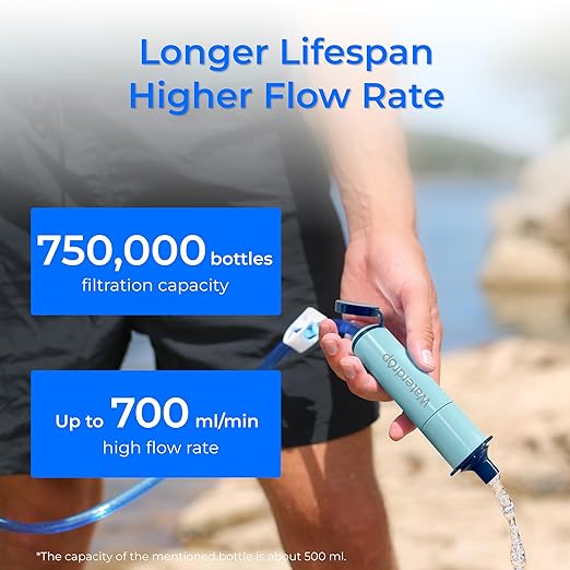 Waterdrop Gravity Water Filter Straw, Camping Water Filtration System, Water Purifier Survival for Travel, Backpacking and Emergency Preparedness, 0.1 Micron, 4 Pack, Light Blue