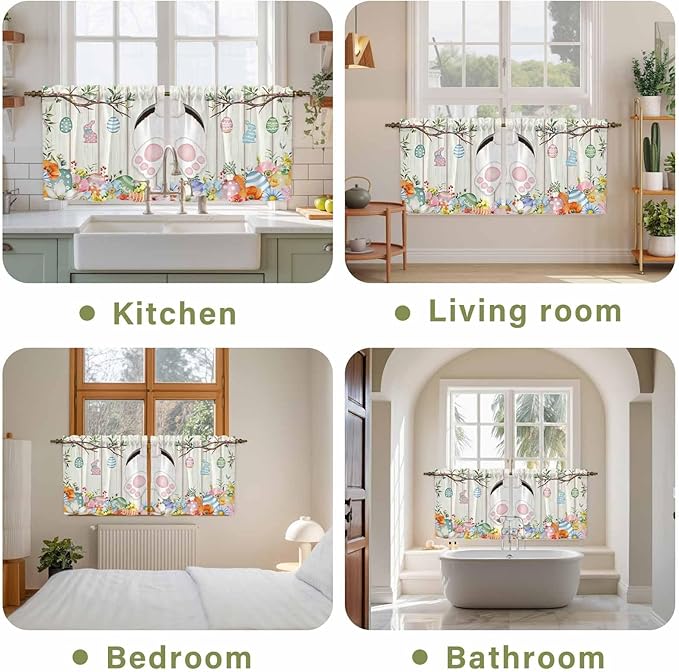 Easter Kitchen Tier Curtains 24 Inch Long 2 Panel Set,Rod Pocket Cafe Small Window Curtains Over Sink,Spring Farmhouse Watercolor Bunny Eggs Wood Grain Light Filtering Short Drapes 27.5"W x 24"L