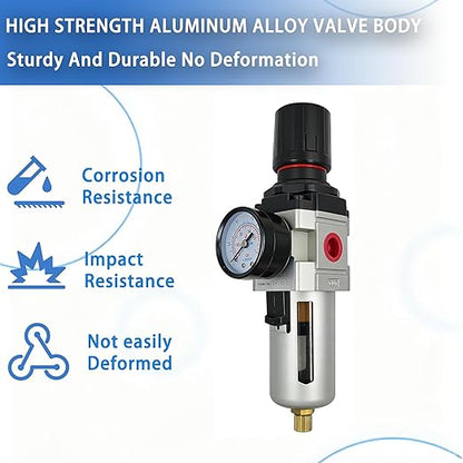 HengMinLingTong 1/2" NPT Compressed Air Filter Regulator Combo Piggyback, 5 Micron Brass Element, Poly Bowl, Semi-Auto Drain, Metal Bracket, 0-150 psi AW4000-04