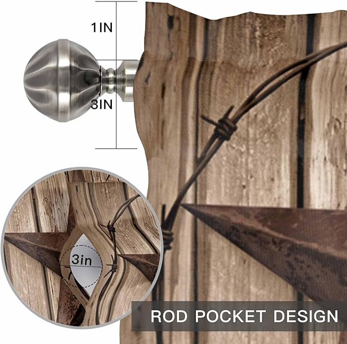 Vintage Texas Star Valances for Windows, Brown Wood Grain Wire Kitchen Valance Light Filtering Rod Pocket Short Curtains for Kitchen Bathroom, 1 Panel, 60"x18"