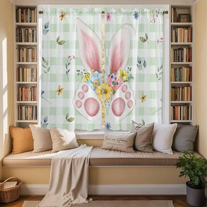 Easter Window Curtains 63 Inch Long 2 Panel Set, Rod Pocket Bedroom Curtains & Drapes, Spring Bunny Ears Feet Flowers Green Plaid Light Filtering Window Treatment for Living Room 42"W x 63"L