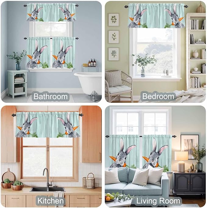 Easter Kitchen Curtain Set, Spring Rabbit Botanical Carrots Green Wooden Grain Window Valance and Tiers 24" Length, Light Filtering Short Curtains Valance for Cafe Bathroom Bedroom 54"x18"