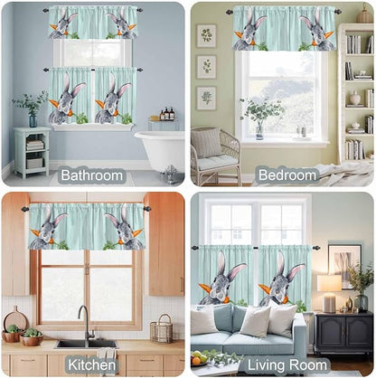 Easter Kitchen Curtain Set, Spring Rabbit Botanical Carrots Green Wooden Grain Window Valance and Tiers 24" Length, Light Filtering Short Curtains Valance for Cafe Bathroom Bedroom 54"x18"