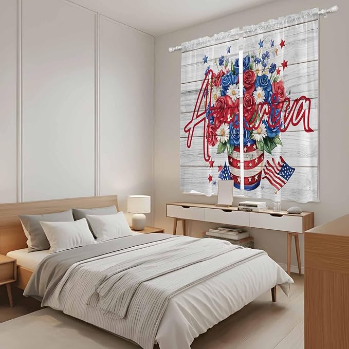 Independence Day Window Curtains 63 Inch Long 2 Panel Set, Rod Pocket Bedroom Curtains & Drapes, 4 of July Rose Wooden Grain Vintage Light Filtering Window Treatment for Living Room 42"W x 63"L