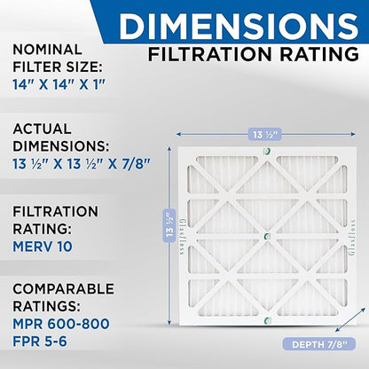 Glasfloss 14x14x1 MERV 10 (FPR 5-6) Pleated Air Filters Box of 6. Actual Size: 13-1/2 x 13-1/2 x 7/8