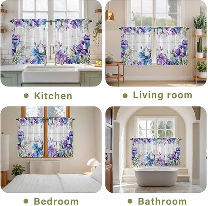Spring Flowers Kitchen Curtains, Watercolor Garden Florals Wooden Grain Light Filtering Window Curtain Panels, 2Pcs Rod Pocket Window Treatments Set for Study Room Bathroom Bedroom 52x54 Inches