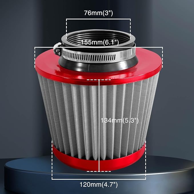 3" 76mm Universal High Flow Cold Air Intake Air Filter Upgraded Stainless Steel Cone Filter(Red)