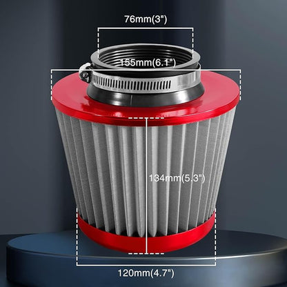 3" 76mm Universal High Flow Cold Air Intake Air Filter Upgraded Stainless Steel Cone Filter(Red)