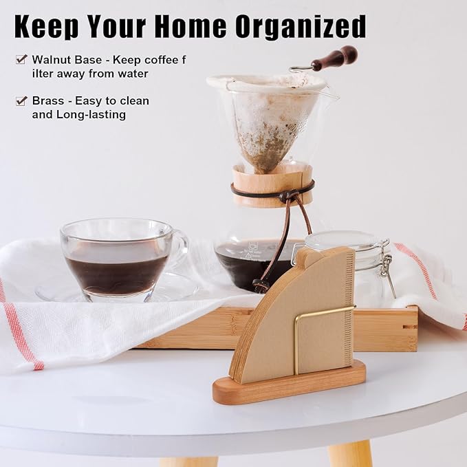 Cone Coffee Filter Holder, Stand Coffee Filter Storage, Coffee Filter Container for V60 Paper Coffee Filters Size #01 and #02, Cherry Wood & Brass
