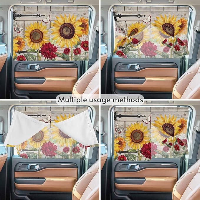 Red Yellow Sunflowers Magnetic Double Layer Car Window Shades,Side Window Curtains for Blackout/Breathable Mesh View,Retro Rustic Barn Doors Butterfly Brown Heat Protection Sun Shades 26x20in 2pcs